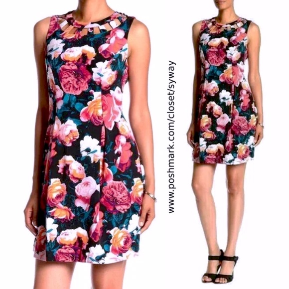 Eliza J Black Floral Neckline Cutouts Mini Dress - Picture 1 of 14